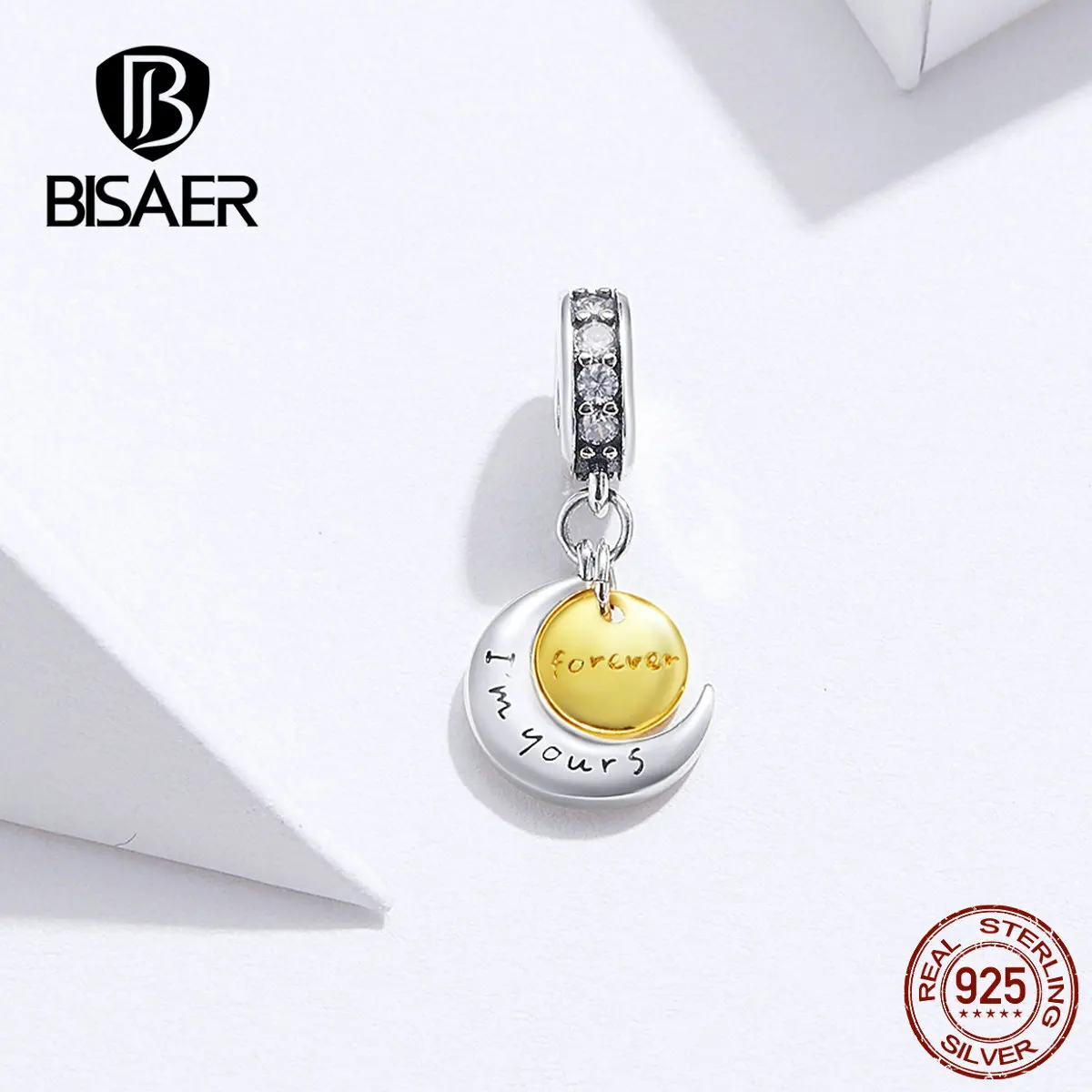 

BISAER 925 Sterling Silver Love Promises Pendant Charms Moon Shape I am Yours Engrave Beads Fit Bracelets DIY Jewelry ECC1231