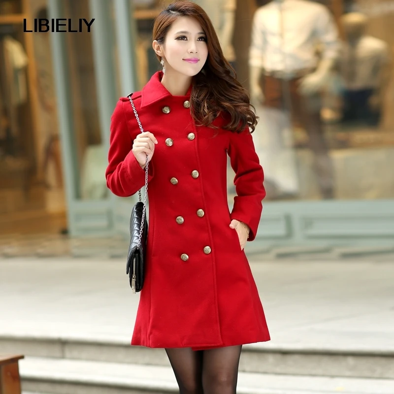 New Nice Outerwear & Coats Winter Dress Red Double Breasted Wool Coat Women Slim Outwear medium