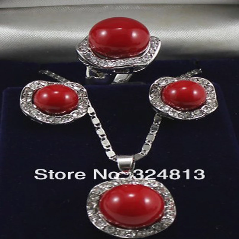 

High-quality grace excellent NEW Beautiful Red shell pearl silver jewelery Pendant earrings Ring #2204
