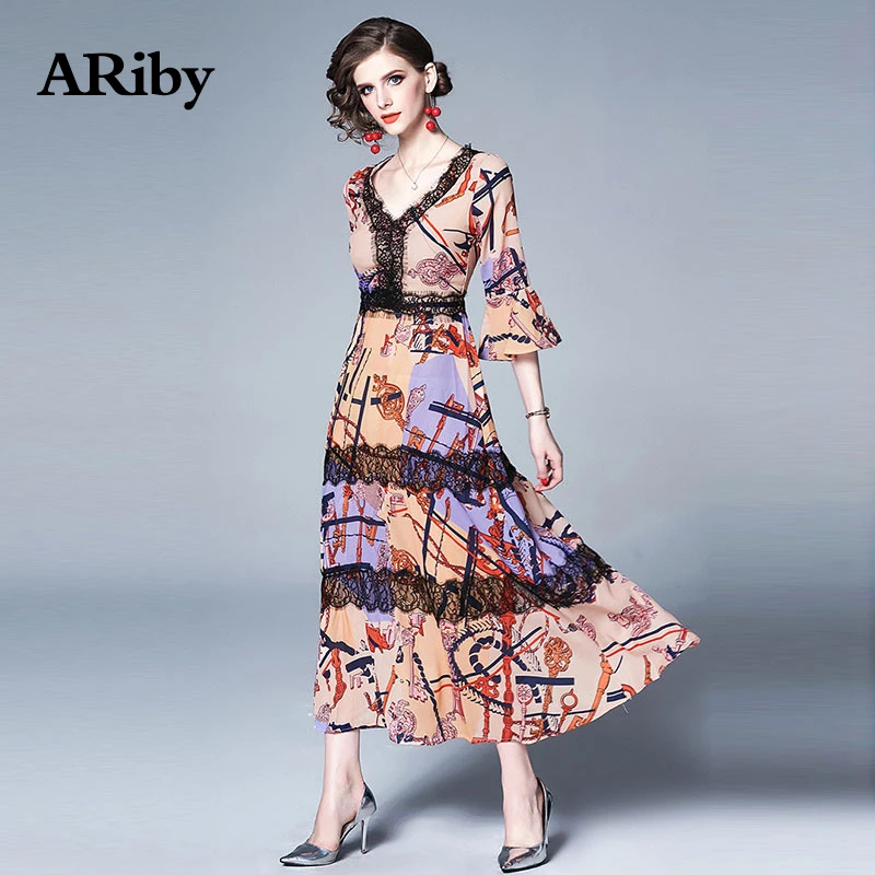 Women Dress Summer Long Maxi Dress 2019 Elegant Office Lady Lace Splice V-collar Printed Butterfly Sleeve Empire A-Line Dresses