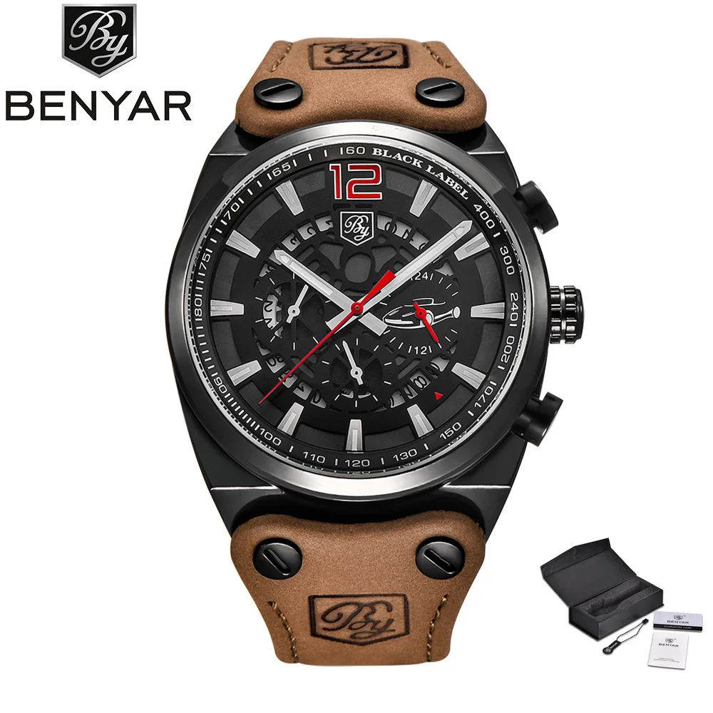 

BENYAR Sport Military Watch Men Skeleton Leather Chronograph Quartz Male Watches 2018 Outdoor Big Dial Clock Relogio Masculino