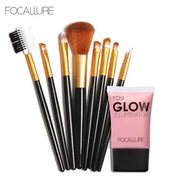 

Focallurer 4 colors Bright liquid for choose Beauty Glow illuminator 8pc High Quality Black Gold Brush Makeup Set
