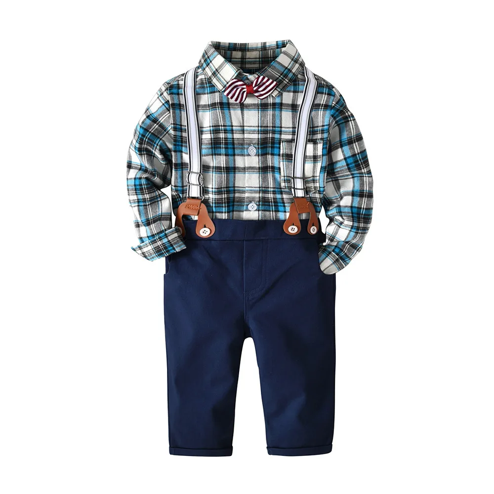 

HI&JUBER 2019 New Baby Boys Clothing Sets Children's Long Blue Plaid Bow Tie Shirts Overalls Pants For Kids Clothes