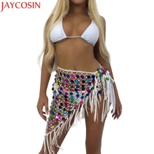 KLV/Для женщин юбка модное платье с блестками и Исполнительница танца живота шарф с бахромой юбка Клуб Пляжное мини-юбка для девочек, юбки Для женщин ST10