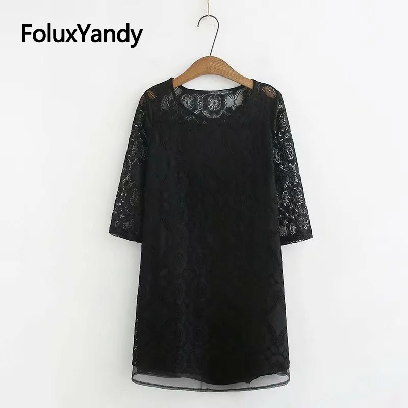 

Basic Transparent Lace Dress Women Vestidos Half Sleeve Plus Size Mesh Summer Dress Mini Vestidos Black White KKFY3696