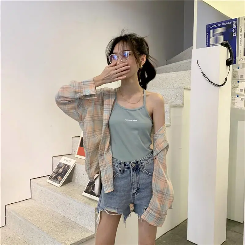 

Casual Vintage Loose Plaid Shirt Women's Summer Shirts Kawaii Ulzzang Lovely Female Sweet Harajuku Cute Top For Women Tunic