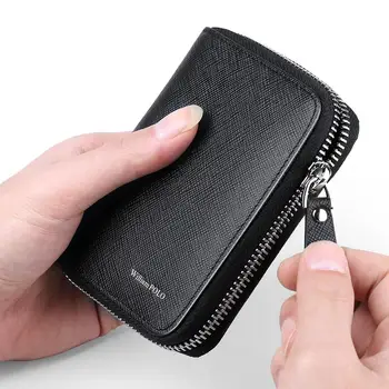 

WILLIAMPOLO Men Wallet Short Bifold Credit Card Holder Genuine Leather Organizer Multi Card Case Zip Around Purse Black Blue