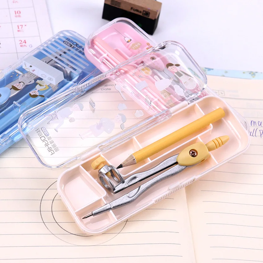

1 Box Math Geometry Metal Compasses With Pencil Cartoon Love Couples Pattern School Drafting Supplies Stationery for Students