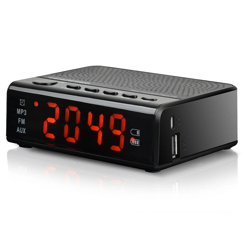 MP3 player alarm Clock replaceable 18650 battery Timer auto start FM Radio Music USB Hifi effact