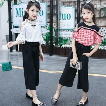

2019 Baby Girls' Clothes Summer Kids Children Sets Cotton Two Piece Striped Trend Sweeter Shoulder Shorts + Wide Leg Pants Suit