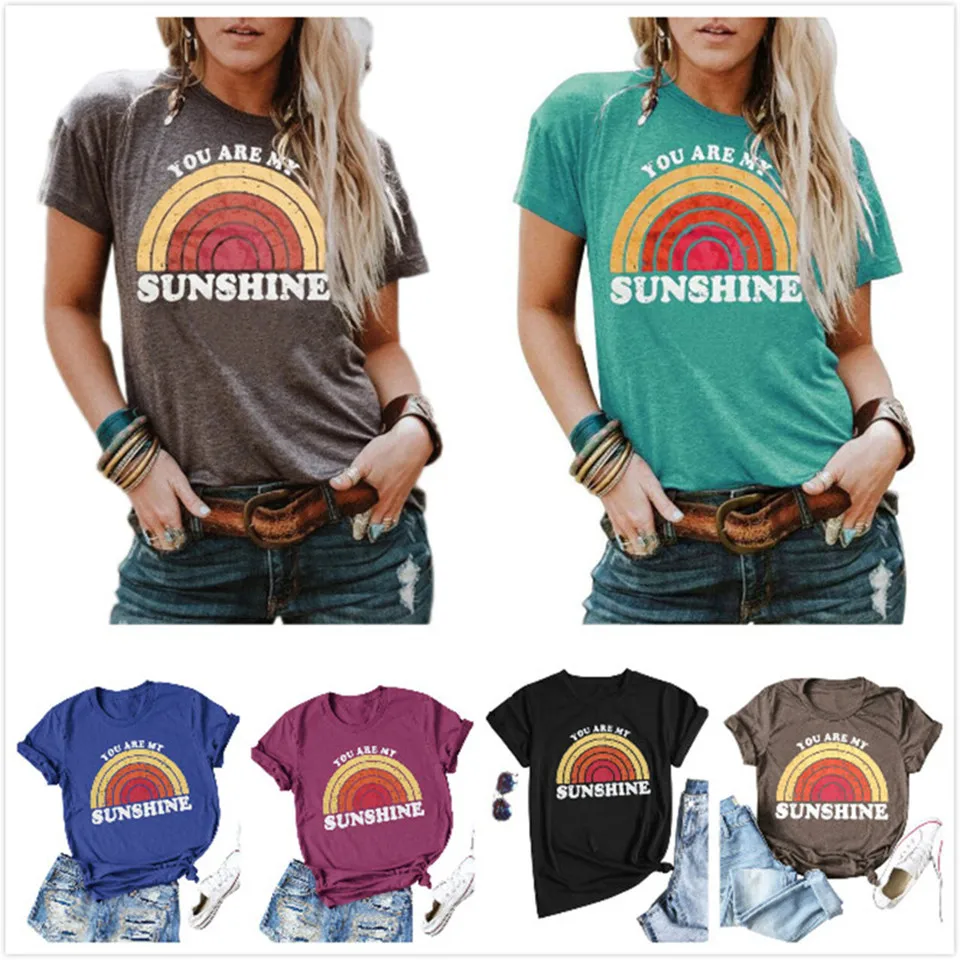 You Are My Sunshine, футболка с радужным принтом, женские летние топы с коротким рукавом, футболка с круглым вырезом размера плюс, повседневная женская футболка Harajuku