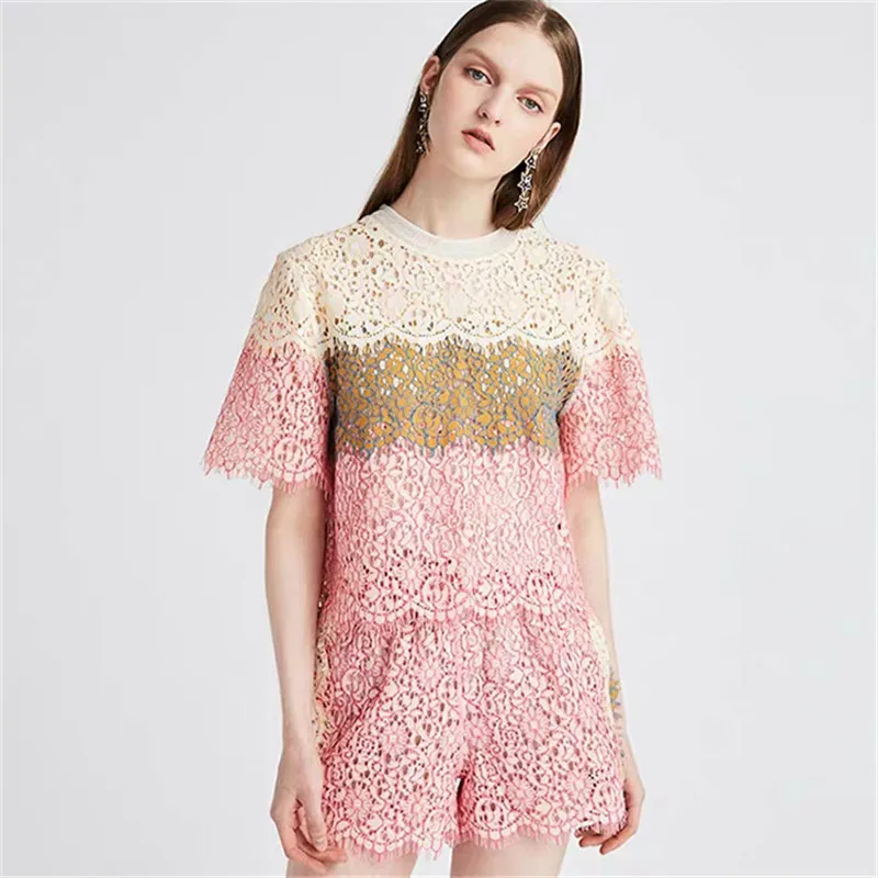 

Sweet Striped Lace Women Two Pirce Set Hollow Out Short Sleeve T-shirt Tops High Waist Short Parts 2019 Summer Party Clothes
