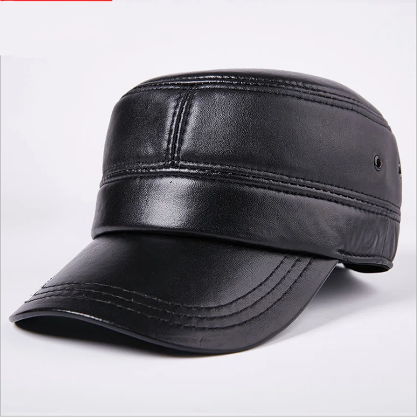 

Genuine Sheepskin Leather Caps Fashion Warm Military Hats Luxury Design Adjustable Visors Cap MZ54