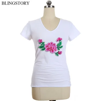 

BLINGSTORY Harajuku Funny Flower Summer Embroidery T-shirt Women's V Collar Short Sleeve Plus Size Tops Blusas Femininas LP52058