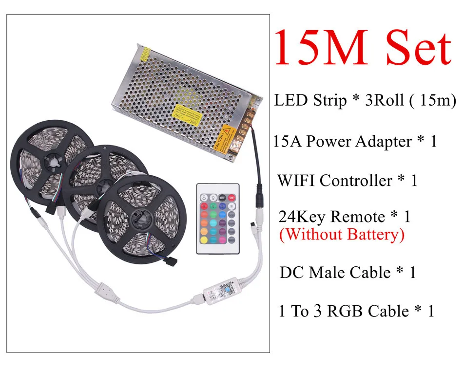 BEILAI 5050 RGB Светодиодная лента Водонепроницаемая 5 м 10 м 15 м 20 м DC 12 В светодиодный светильник 60 Светодиодный/м с 24Key Wifi контроллер Поддержка музыки - Испускаемый цвет: 15M Set