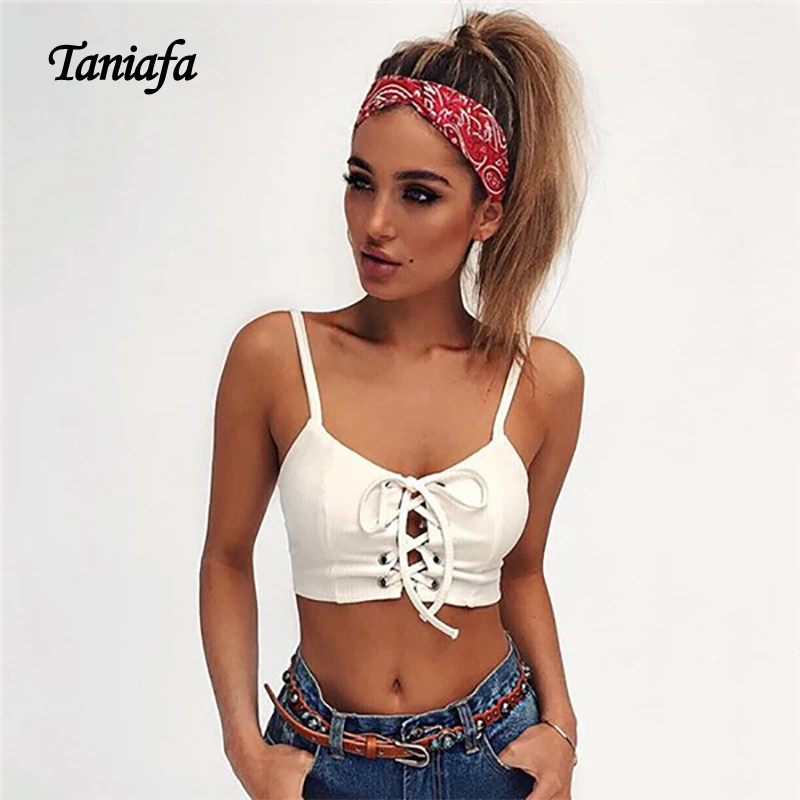 Taniafa夏トップブラジャーノースリーブ白い包帯レースアップスパゲッティストラップストラップレスクロップトップショート底入れワークアウトタンクトッ