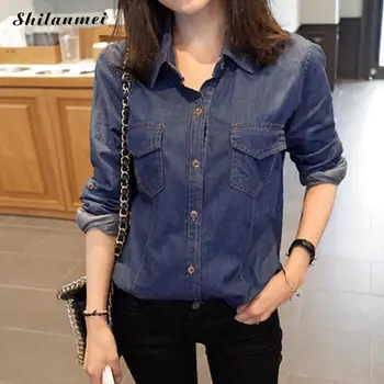 

2018 Autumn Turndown Collar Casual Blue Jean Denim Long Sleeve Shirt Fashion Womens Top Blouse Button Pockets Slim Chemise Femme