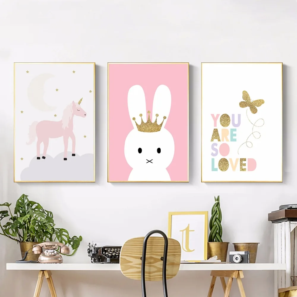 

Pink Unicorn Rabbit Posters and Prints Canvas Art Painting Nursery Decorative Baby Picture Nordic Style Children Room Decoration
