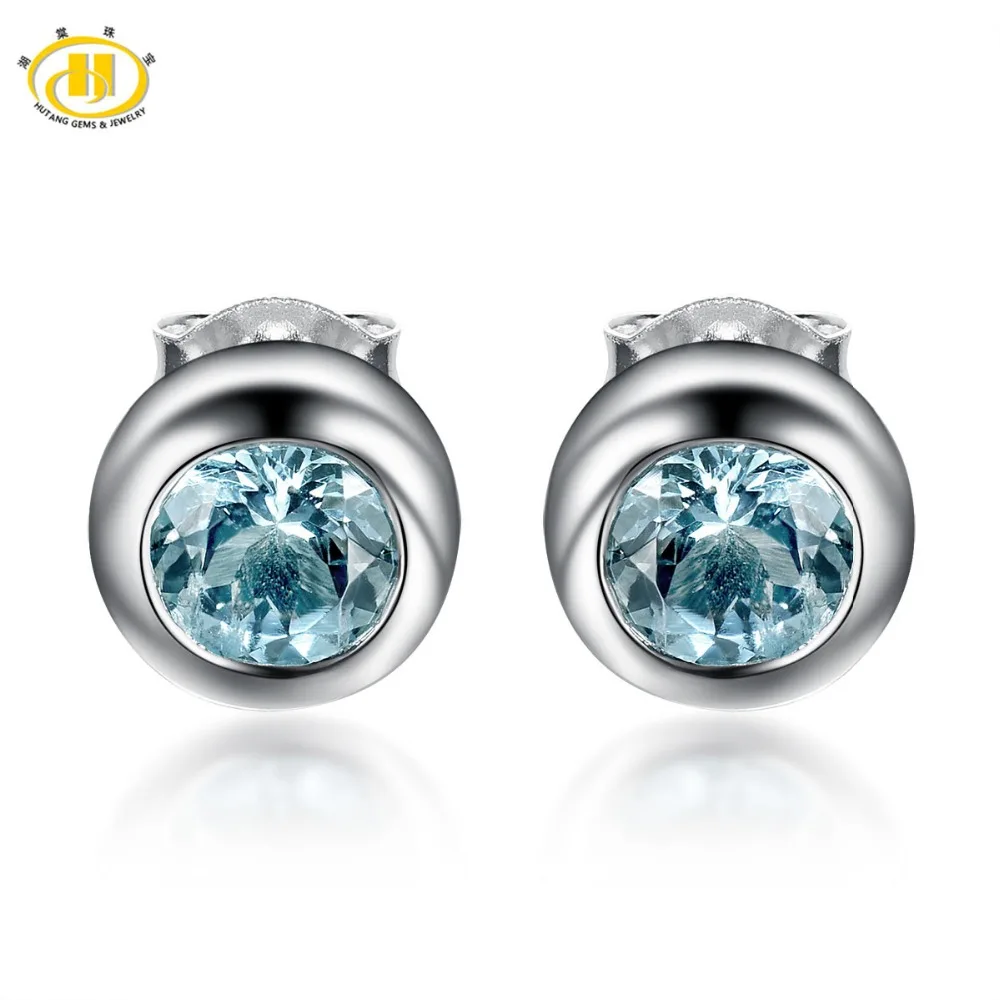 

Hutang 1.38ct Natural Aquamarine Stud Earrings Solid 925 Sterling Silver Bezel Set Gemstone Fine Jewelry Women's Gift Earrings