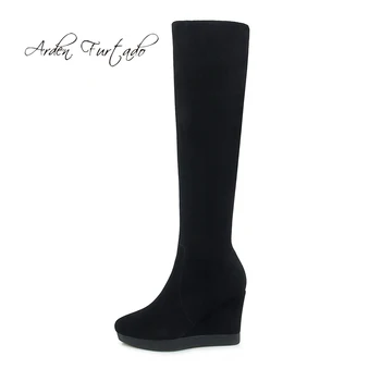 

Arden Furtado Fashion women's shoes winter 2019 zipper round toe knee high boots black suede ladies platform wedges high heels