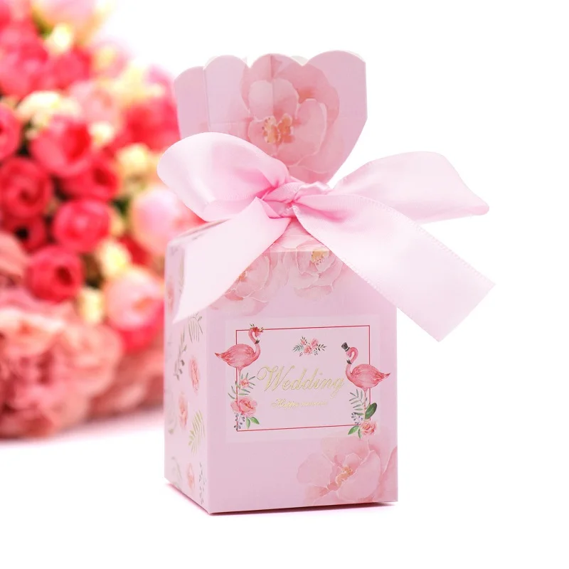 10 шт. Романтические свадебные украшения цветок бумажная коробка для конфет День Рождения украшения розовый мрамор, Зеленый лист, фламинго коробки для конфет - Цвет: Pink flamingo