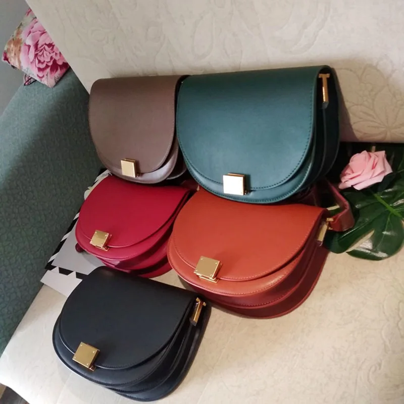 

Fashion Handbag 100% Genuine Leather Retro Women Messenger Bag Long Strap 120cm Buckle Simple Semi-circle Saddle Purse