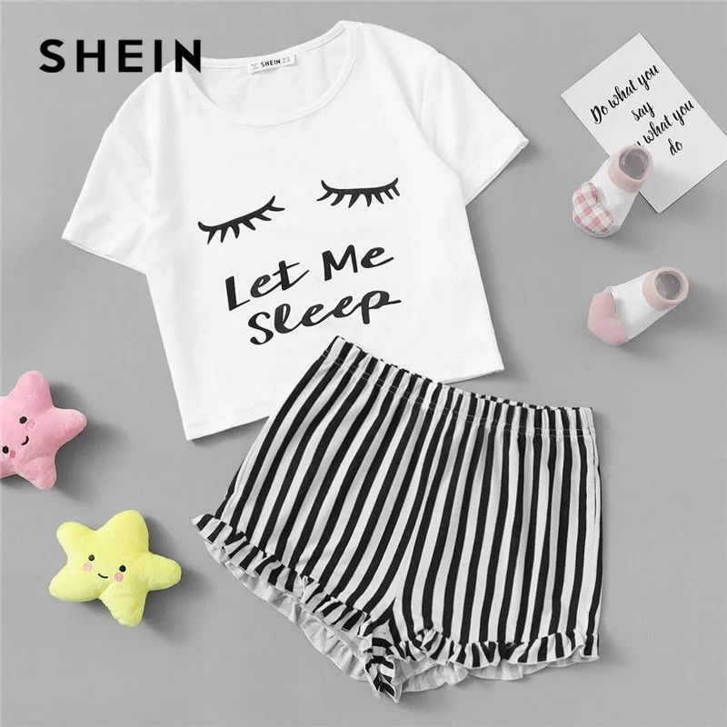 

SHEIN Matching Family Outfits Graphic Crop Tee And Frilled Hem Striped PJ Set Summer Cute Mother Daughter Nightwear Loungewear