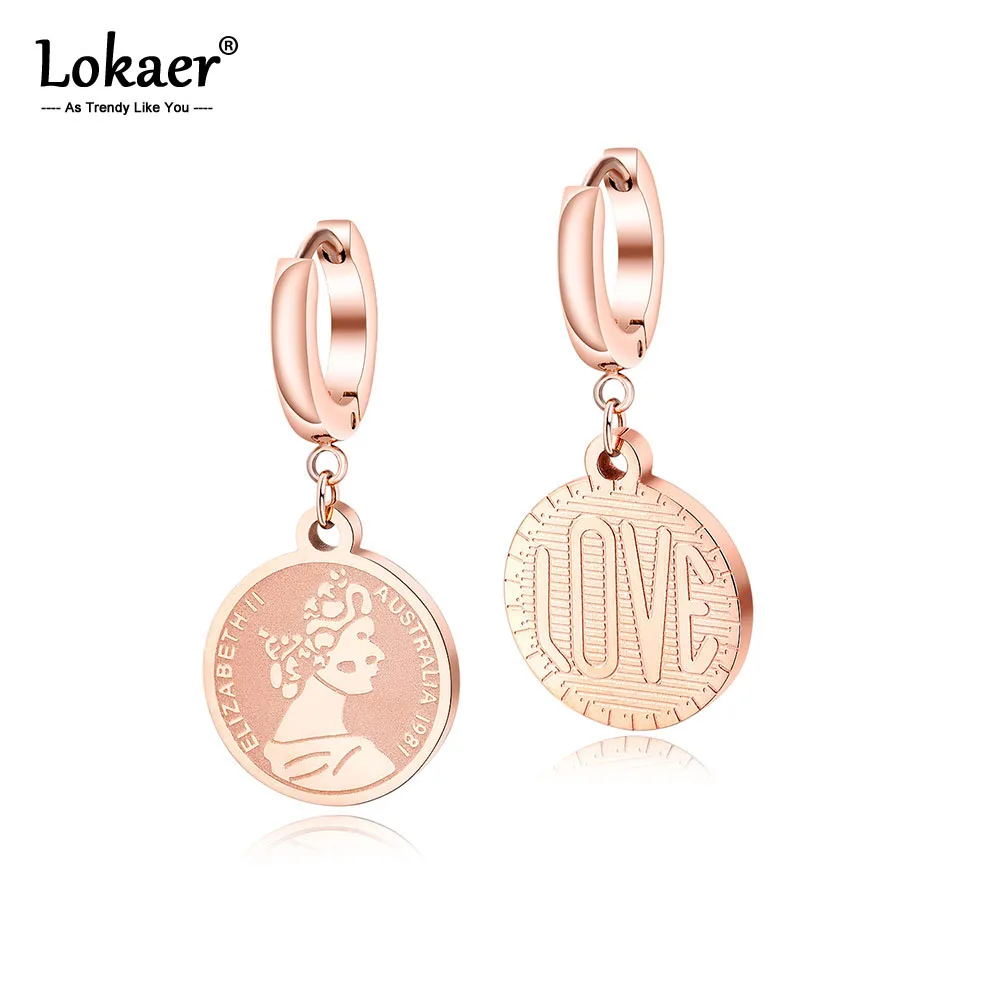 

Lokaer Stainless Steel Rose Gold Earrings For Women Retro Creative Queen Elizabeth Coin Hoop Earrings For Best Gifts OGE501
