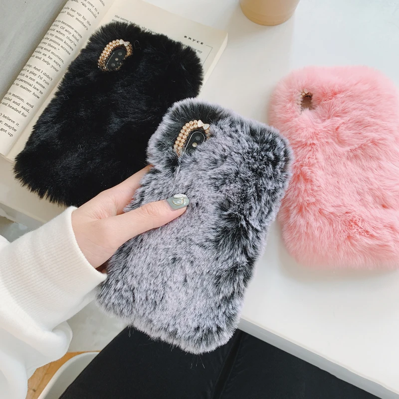 

p20lite Warm Fur Case For Huawei P20 Pro P8 P9 Lite Mate 9 10 Nova 3 3i 3e Cute Luxury Hairy Rhinestone Plush Cover Soft Celular