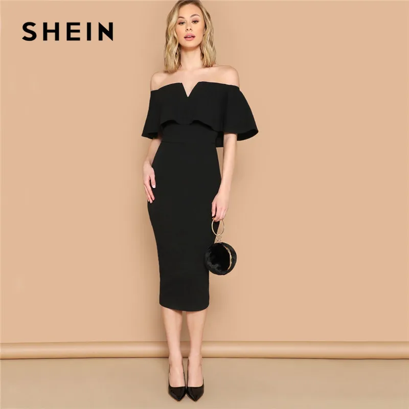 SHEIN Однотонное Облегающее Платье С Открытыми Плечами Женское Черное Платье С Оборками