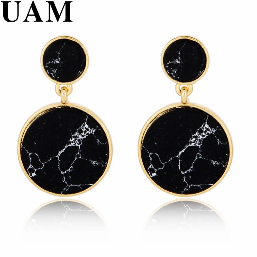 Unique Design Geometric Black Round Marble Faux Stone Drop Earrings