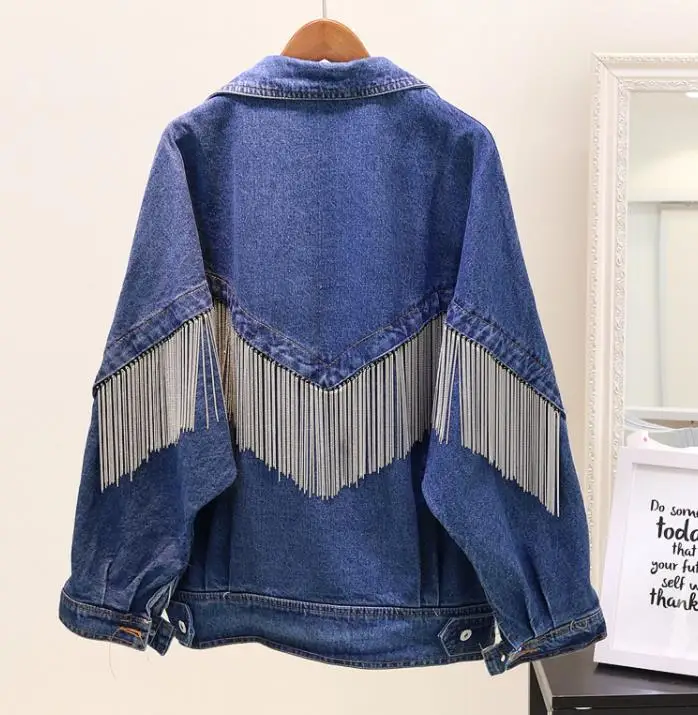 wonderful  2018 New Spring Autumn Women's Loose Chain Tassel Denim Jacket Blue Cowboy Coat Female Students Cas