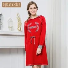 Qianxiu 2017 fall Casual Print Cotton Hood Body con Loose Dresses Knee nightgowns Dress sleep lounge sleep shirts lingerie