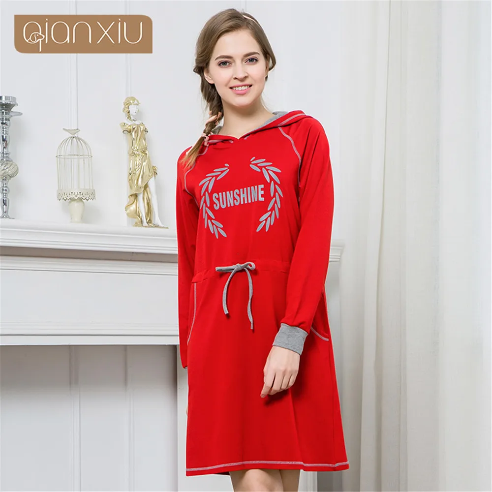 Qianxiu 2018 fall Casual Print Cotton Hood Body con Loose