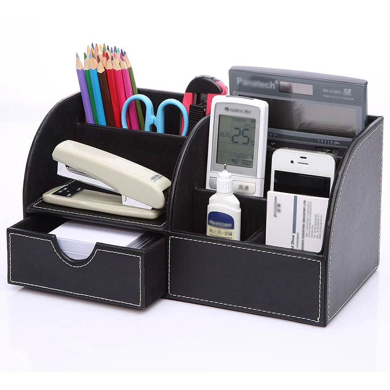 

High Quality PU Leather Wood Desk Organizer Desktop Cosmetic Make up Storage Box Make up Pencil Holder Jewelry Makeup Organizer