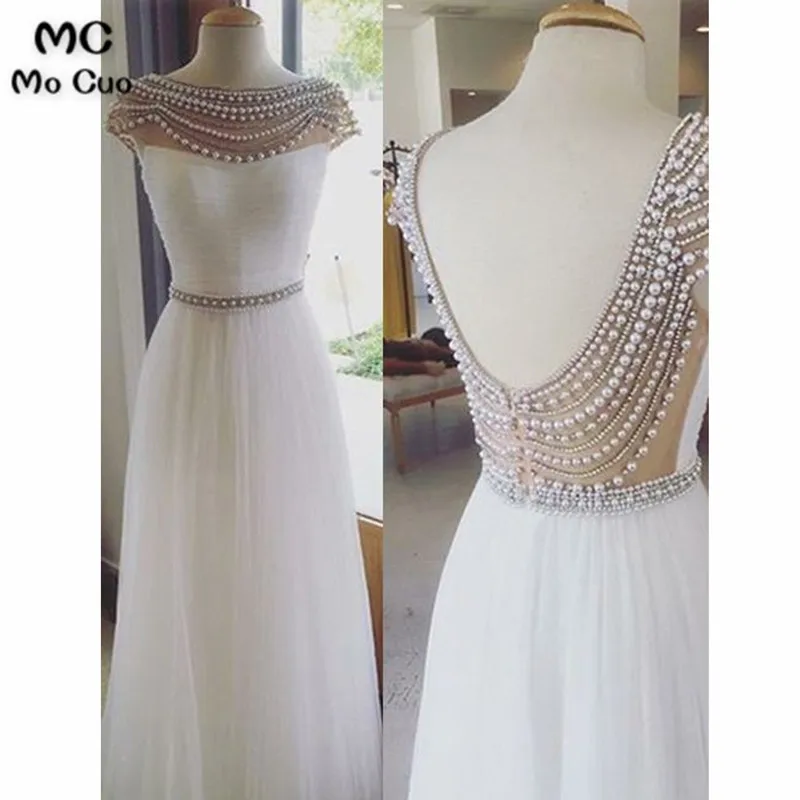 A-Line Boat Neck Floor-Length Cap Sleeves Blue Chiffon Bridesmaid Dress with Pearls4