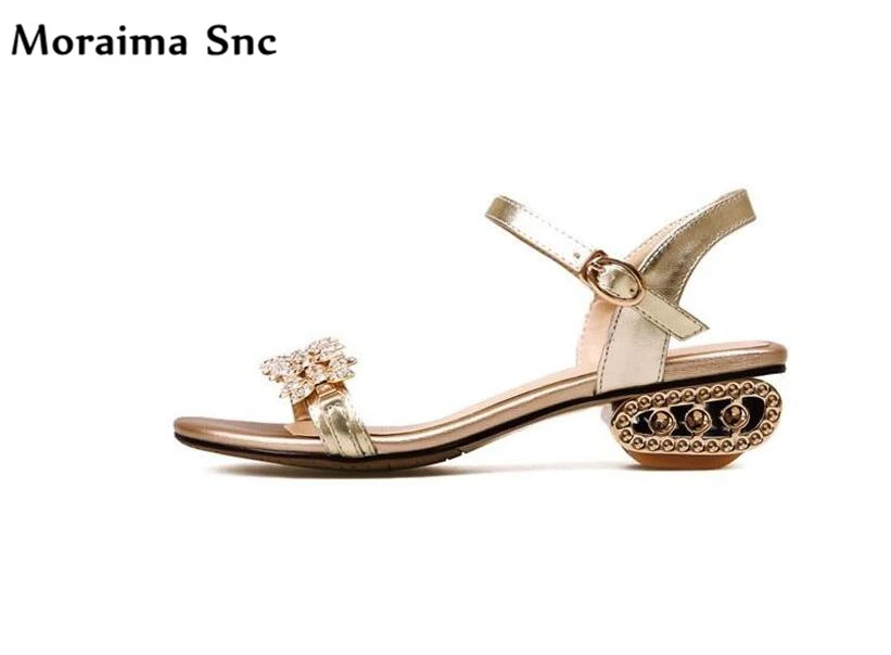 

Moraima Snc Newest sexy women sandals fretwork heels crystal open toe slingback thin high heel Ankle strap buckle golden