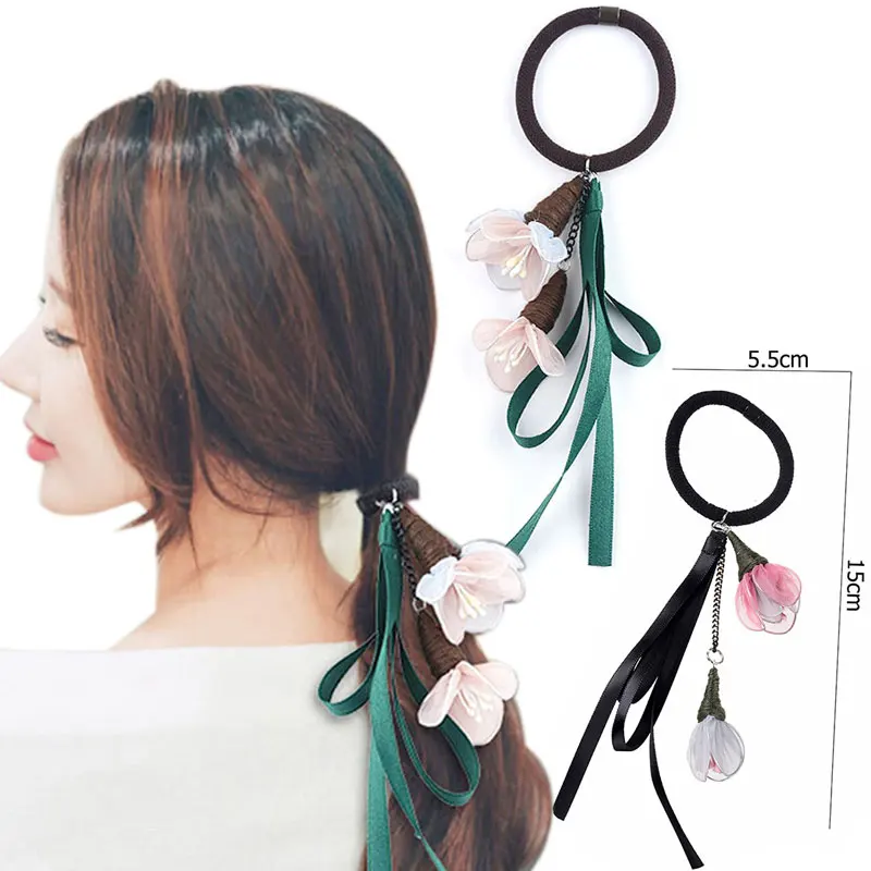 

C MISM Ribbon Bow Floral Scrunchy High Quality Elastic Hair Bands Girl Hair Accessories Popular Rubber Bands for Women Ornaments