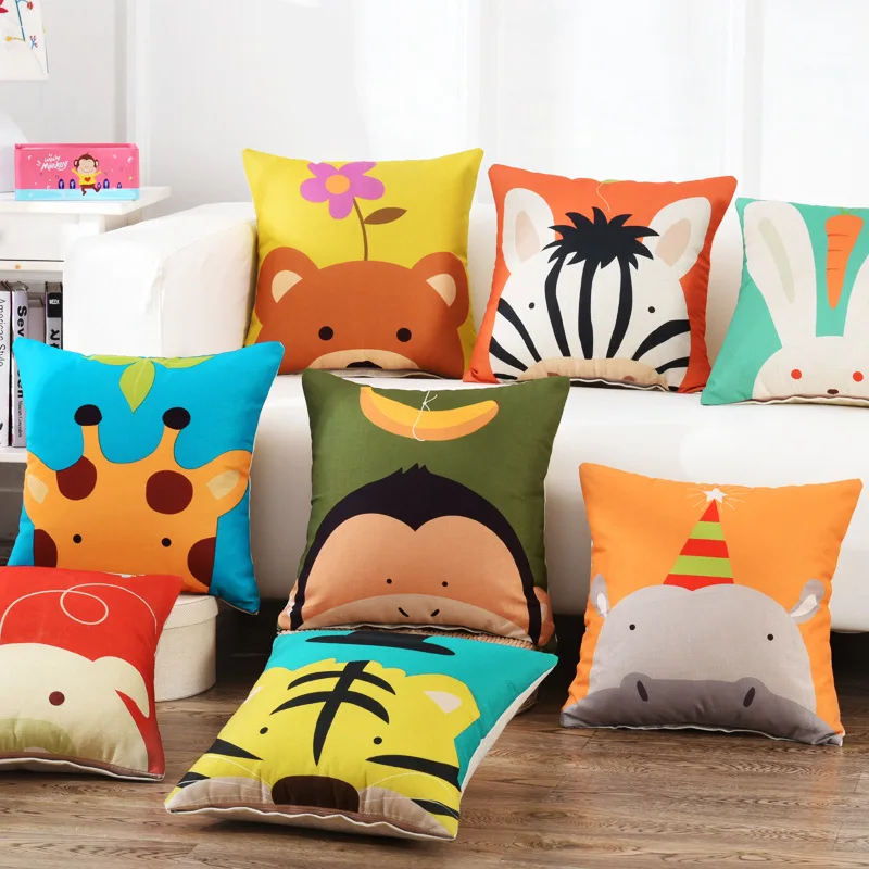 Cute Cartoon Animal Cushion Cover 45x45cm Lovely Rabbit Tiger Lion Square Throw Pillow Cover Cotton Linen Pillow Case