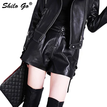 

Leather Shorts Womens Summer Fashion sheepskin genuine leather Shorts high waist side adjustable vintage straight Shorts