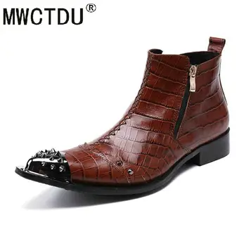 

MWCTDU Italian Style Fashion Mens Boots Pointed Toe Genuine Leather Ankle Boots Man Handmade Luxury Brown Botas Hombre