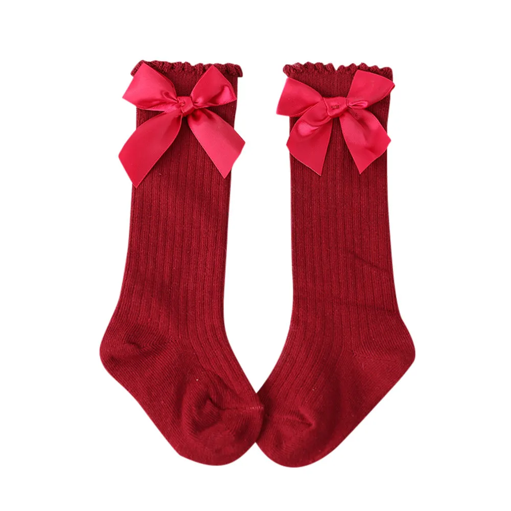 Christmas Red New Kids princess socks Bow Toddlers Girls Big Bow Knee High Long Soft Cotton Lace