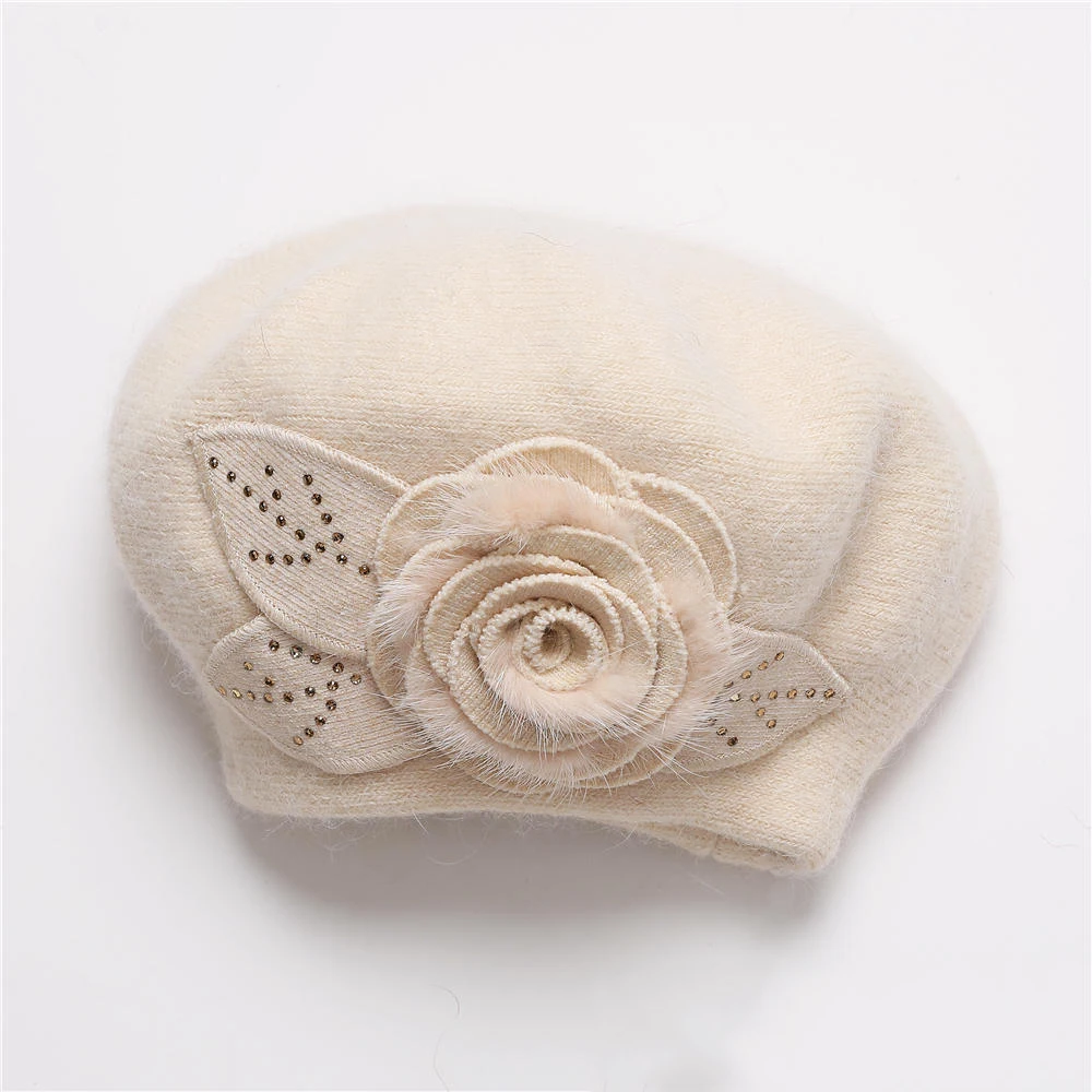 Angora Beret Women Winter Hat Knit Cap Beanie Headwear Warm Flower Casual Soft Classic Thermal Snow Outdoor Accessory (7)