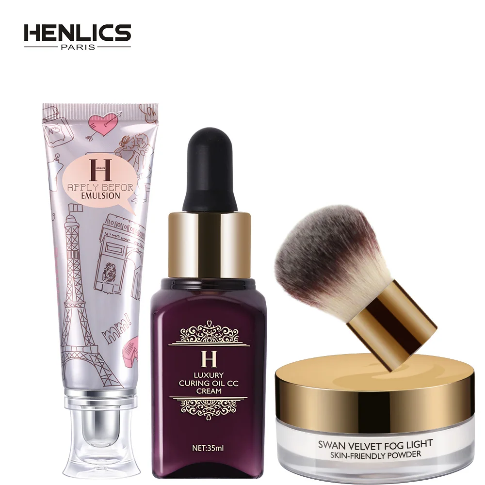 

HENLICS Makeup Sets 3PCS Cosmetics Including Velvet Loose Powder with Brush plus Foundation CC Cream and Primer Makeup Tool Kits