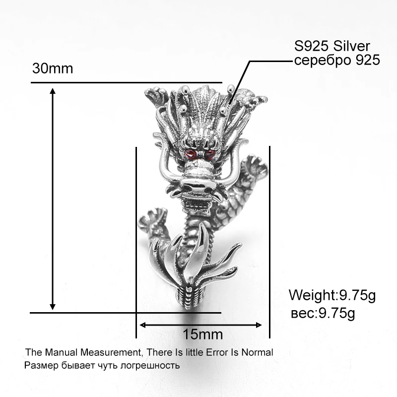 Us 6 до 11 S925 стерлингового серебра ювелирные кольца дракона с гранатом натуральный камень Винтажное кольцо для мужчин ювелирные изделия 694