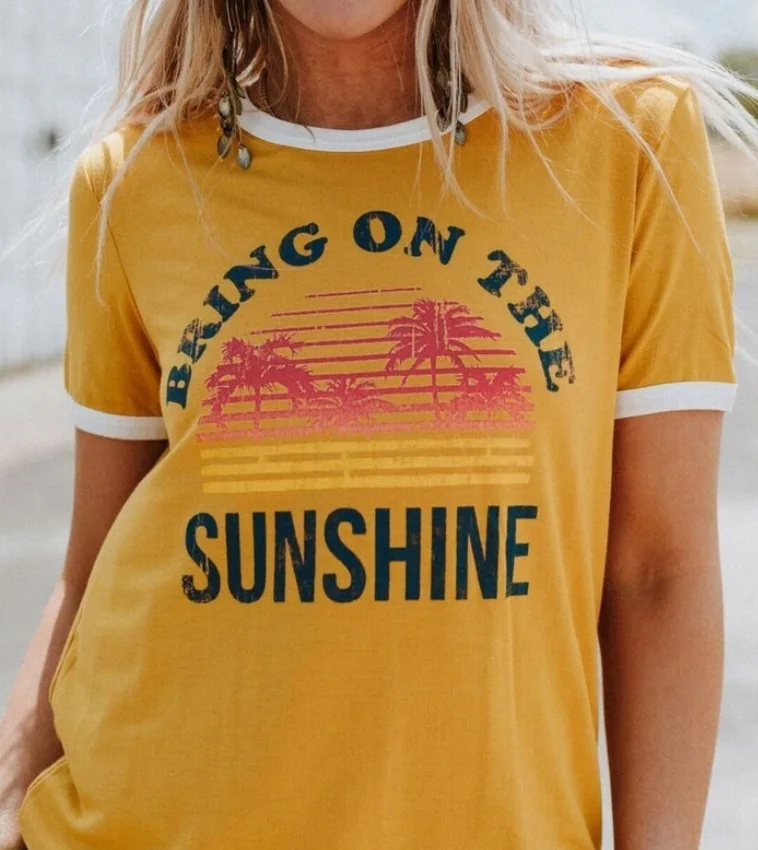 

Yellow Ringer BRING ON THE SUNSHINE Tshirt Letter Print Crewneck Cotton Short Sleeve Tumblr T Shirt For Women Top Casual T-shirt