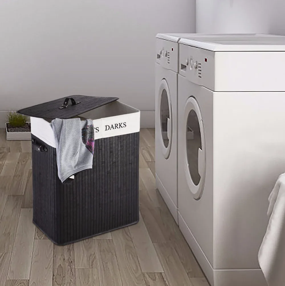 

Goplus Folding Double Rectangle Bamboo Hamper Laundry Basket Cloth Storage Bag Lid HW51486