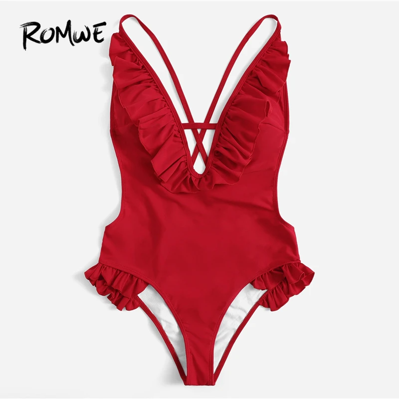 Romwe Спортивный красный яркий однотонный монокини с оборками глубокий v-образный вырез крест-накрест открытая спина цельный купальник женский летний сексуальный купальник