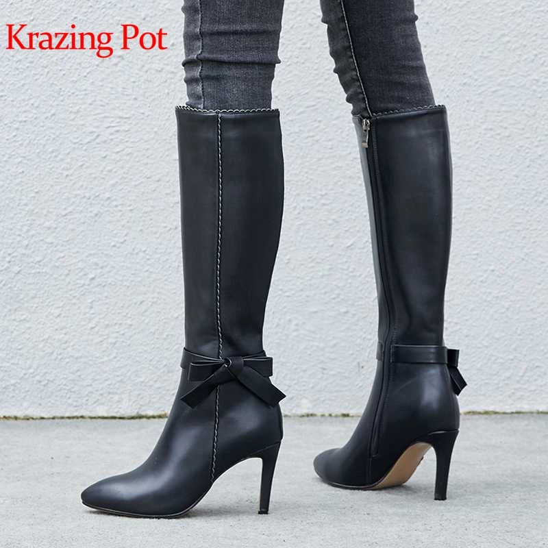 

Krazing Pot genuine leather big size bowtie decoration long boots pointed toe stiletto high heels riding knee-high boots L5f9