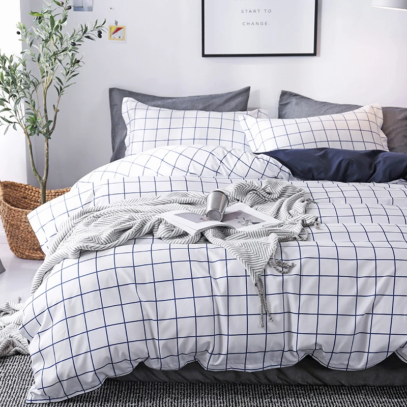 

Grid stripe bedding set 3/4pcs bed linen duvet cover set pillowcases fitted sheet bedclothes home textile twin king queen singl